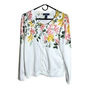 Karen Scott White Floral Cardigan Sweater Size XL Long Sleeves Office Career